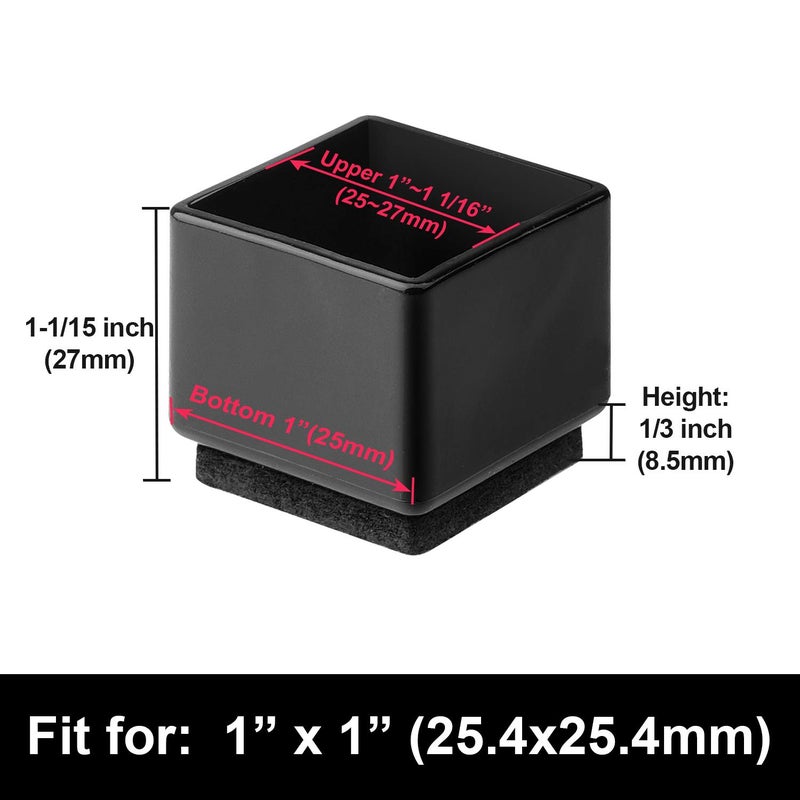 Anwenk 1''x1 Square Chair Leg Floor Protectors with Felt Pads 1inch 1 in Square Table Leg Protectors Chair Leg Caps Small, 16Pack, Black - Image 3